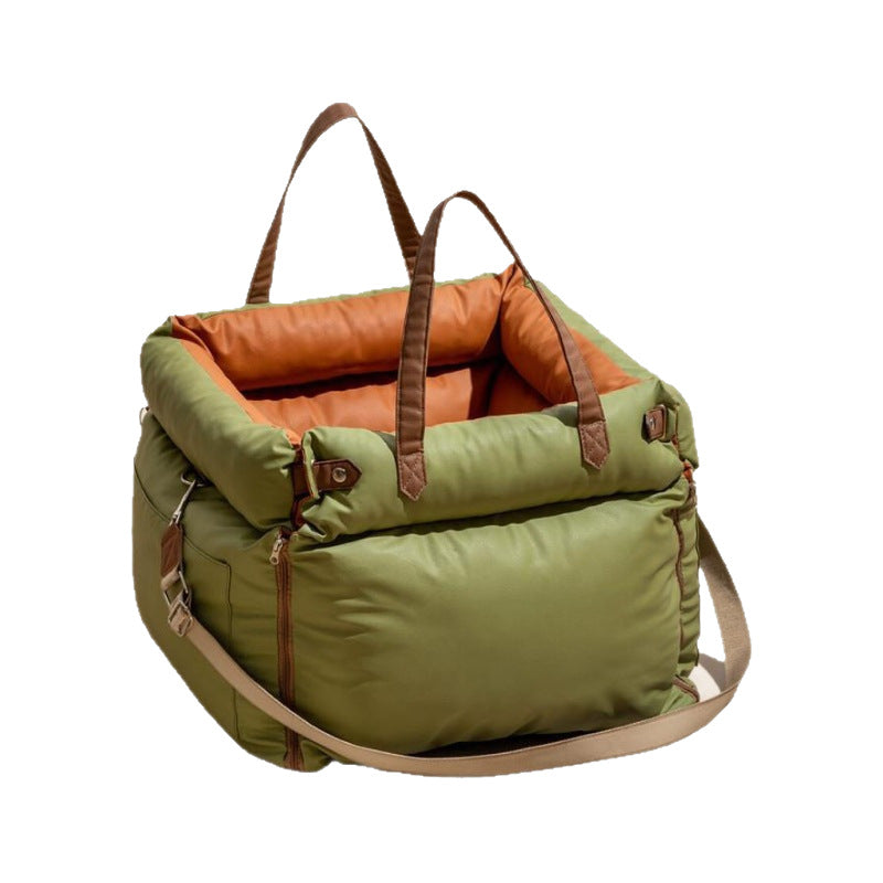 Green and Orange Premium Plush Pet Booster Car Seat - Portable Dog Travel Bed with Non-Slip Base