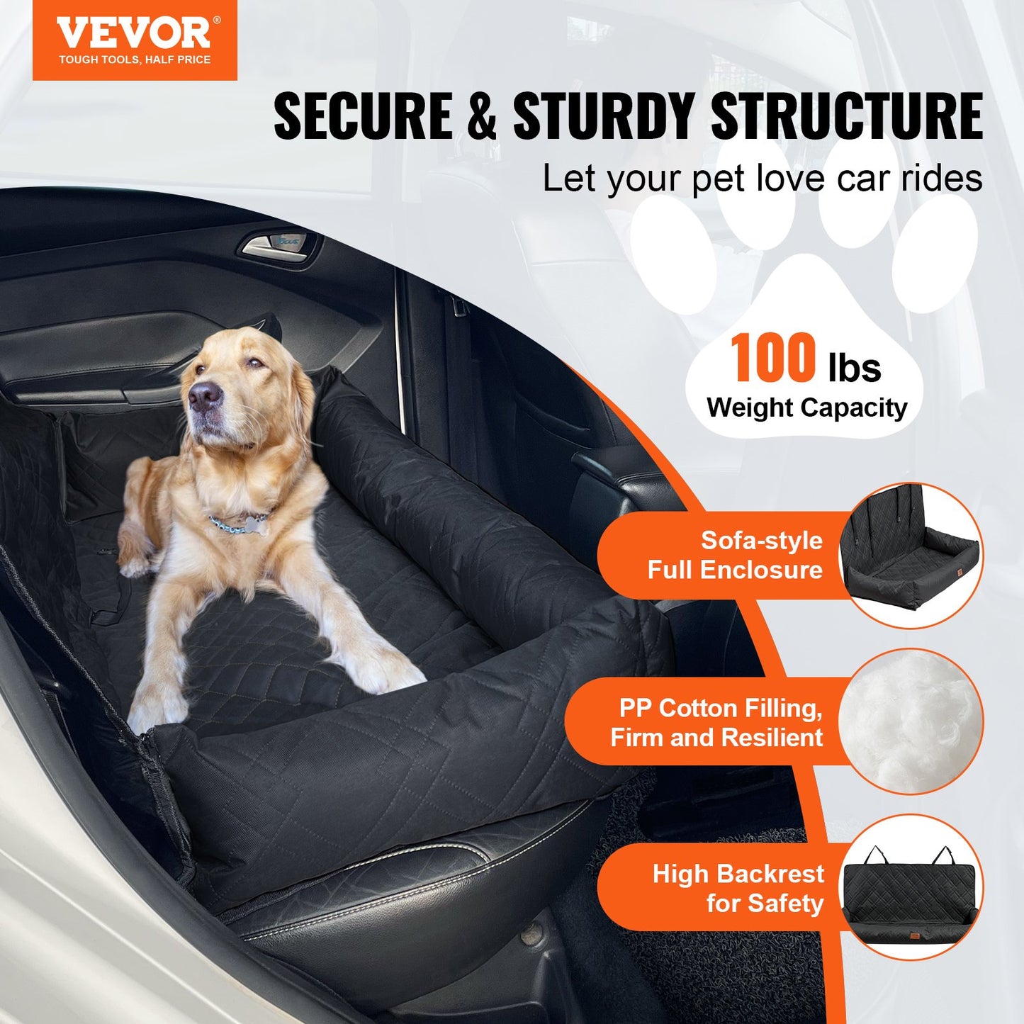 VEVOR Dog Car Seat, Waterproof Dog Booster Seat for Car, Pet Car Seat with Clip-On Safety Leash, PP Cotton Filling, Dog Car Bed for Medium & Large Dog up to 45.4 kg, Black